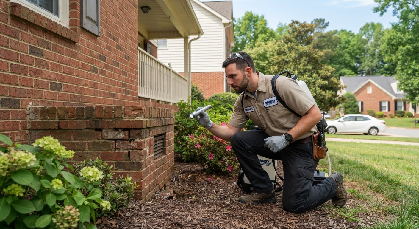 Pest control technician inspecting a residential porch foundation in Raleigh NC