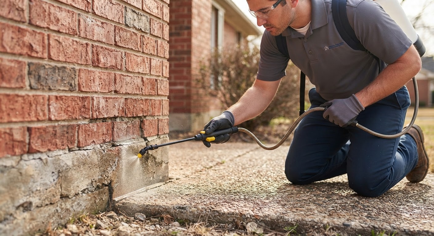 Exterior perimeter spray treatment around residential foundation