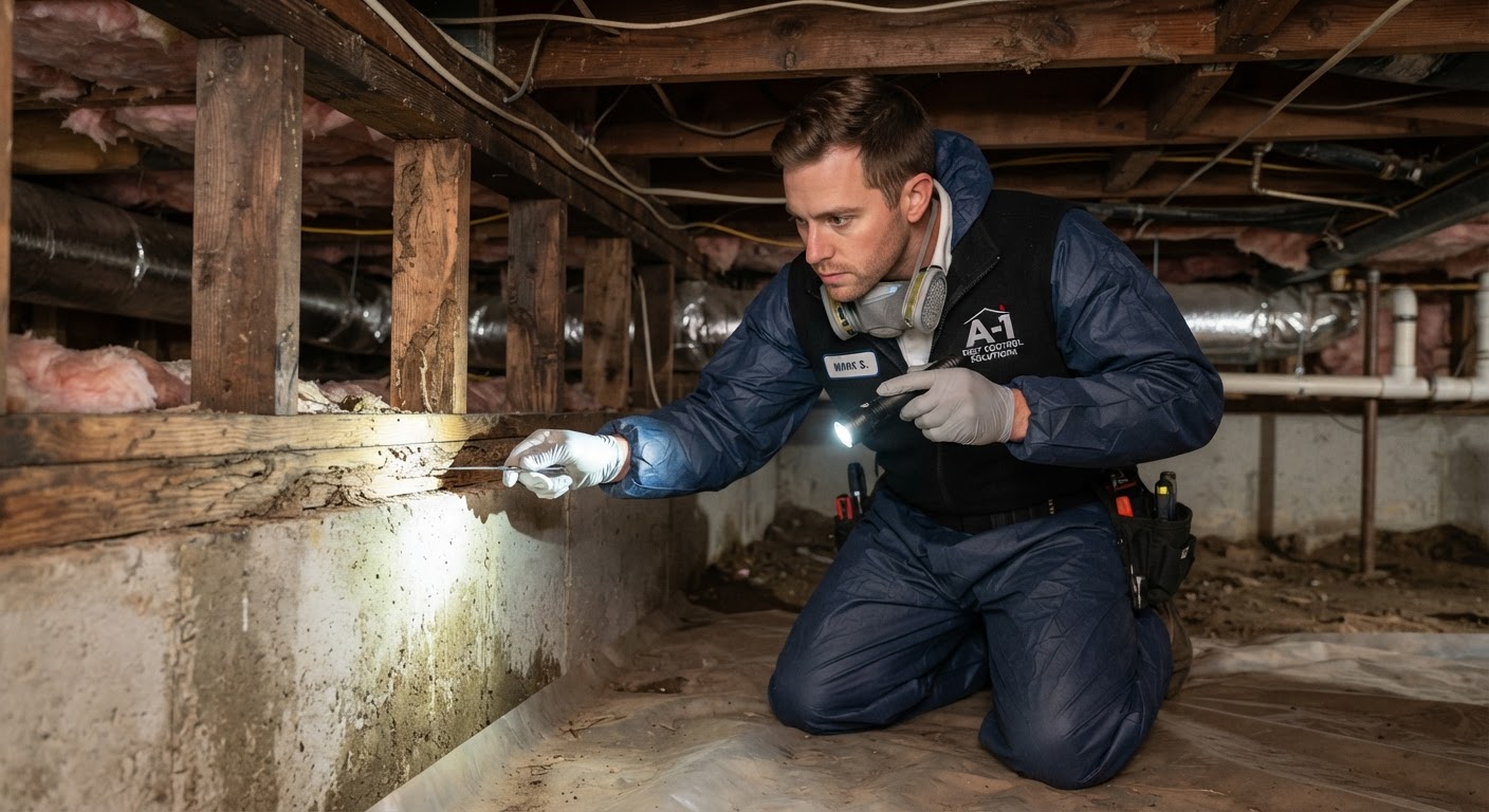 Termite inspection around wooden crawl space supports