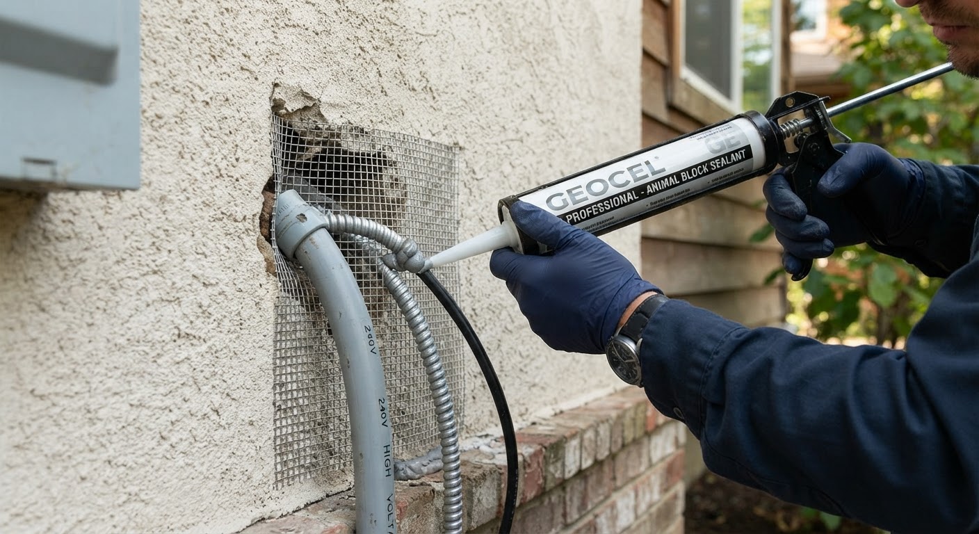 Rodent exclusion seal work along house siding
